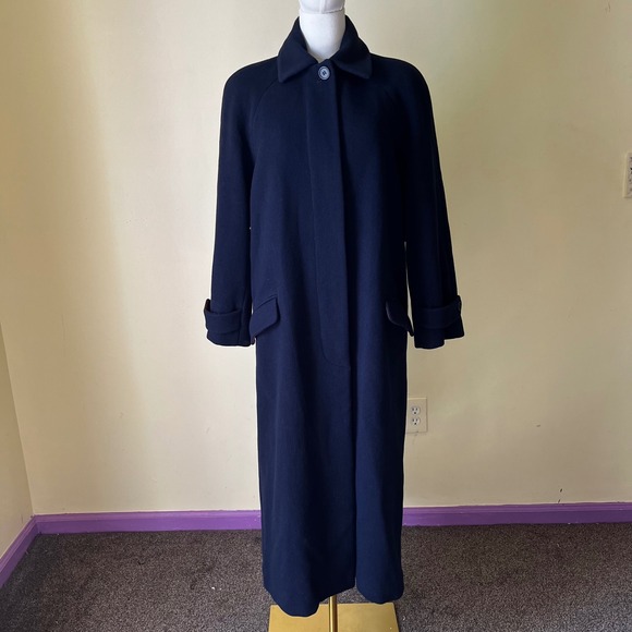 Vintage Perry Ellis Navy Wool Overcoat Long Coat Size 8 Purple Lining - Picture 1 of 10